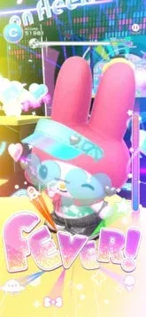 サンリオのマイメロディが、ポップでカラフルなゲーム画面のようなステージにいる画像です。