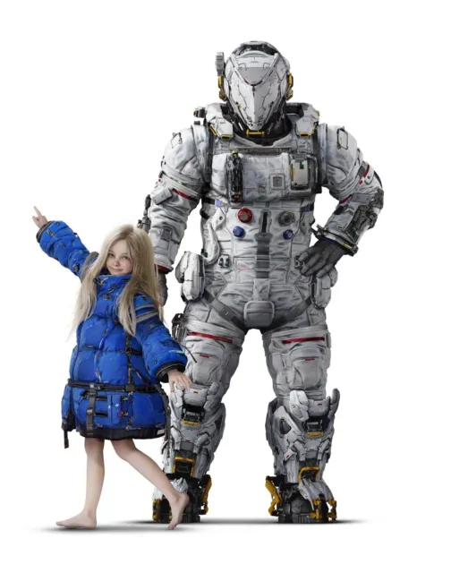 青いダウンジャケットを着た幼い少女と、未来的なデザインの白い宇宙服を着た人物(またはロボット)が並んで立っています