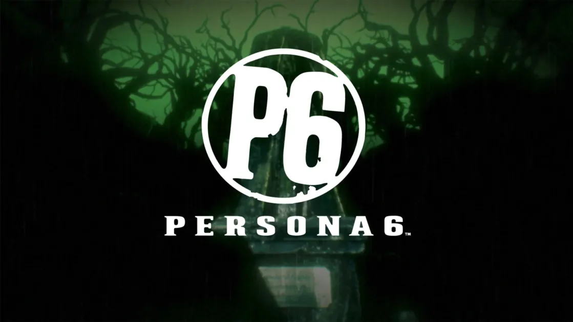 「PERSONA 6」のロゴが中央に配置された画像です。背景は暗く緑がかった不気味な森のような風景で、枯れ木や墓石のようなものが描かれ、神秘的でダークな雰囲気を醸し出しています。新作ゲームの発表やティーザーを思わせるデザインです。