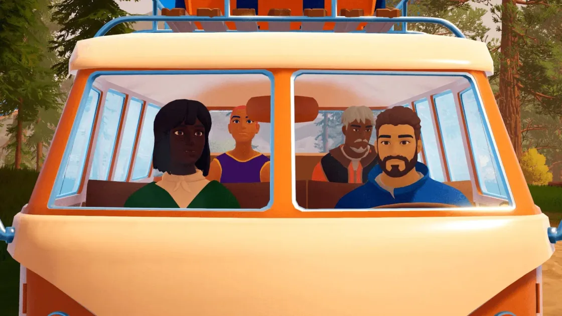 車内で旅をするキャラクターたち