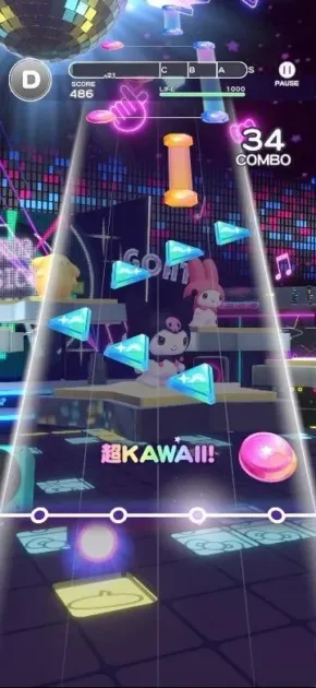 サンリオキャラクターたちが登場するリズムゲームのプレイ画面です。ディスコのようなステージで、マイメロディやクロミ、ポムポムプリンなどのキャラクターが配置され、上から降ってくるノートをタップして遊ぶ様子が描かれています。スコアやコンボ数も表示されています。