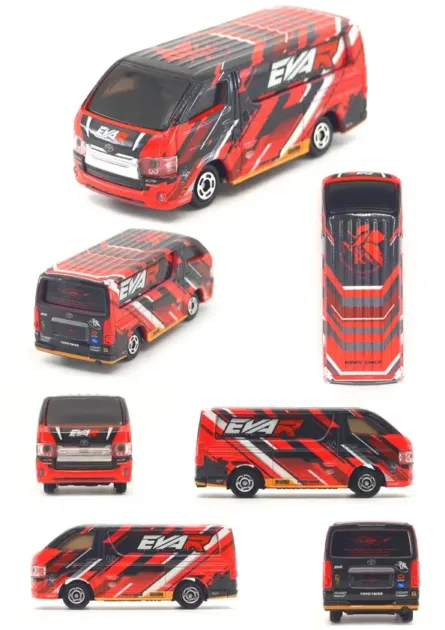 エヴァンゲリオンをテーマにした特別なカラーリングが施されたトヨタハイエースのミニカー