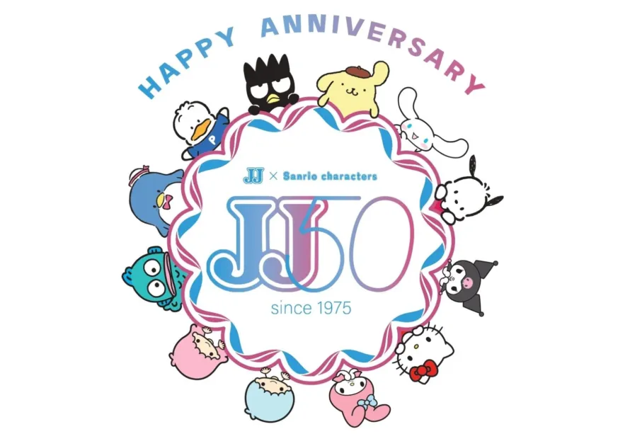 JJとサンリオキャラクターズのコラボレーションによる50周年記念のロゴデザイン
