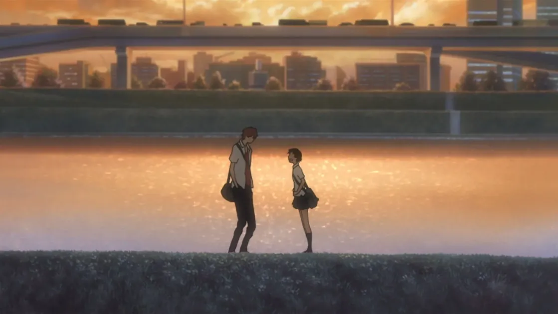 夕焼けの川辺で語り合う学生たちのアニメーション