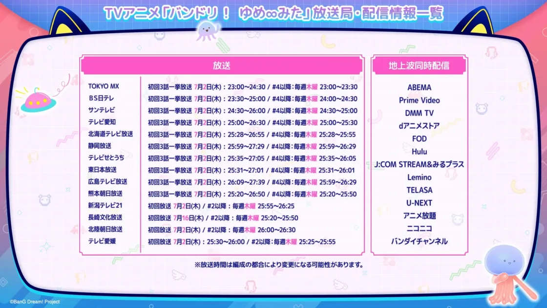 TVアニメ「バンドリ!ゆめみた」放送局・配信情報一覧