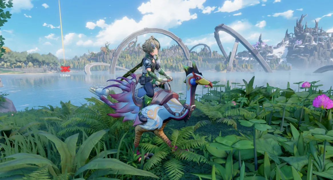 飛行するモンスターに乗るキャラクター