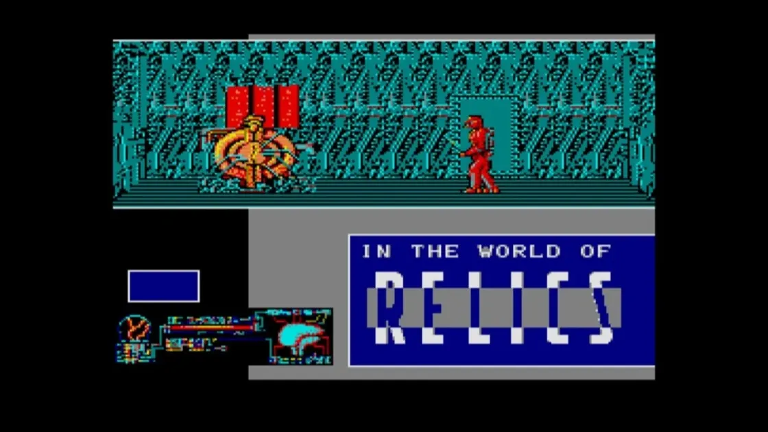 レトロなピクセルアートで描かれたビデオゲームのスクリーンショット。赤いキャラクターがSF風の遺跡のような場所を歩いている
