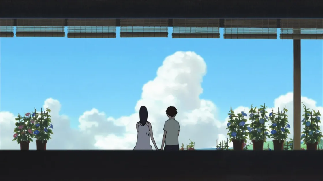 縁側で手を繋ぐカップルの後ろ姿と朝顔のアニメーション