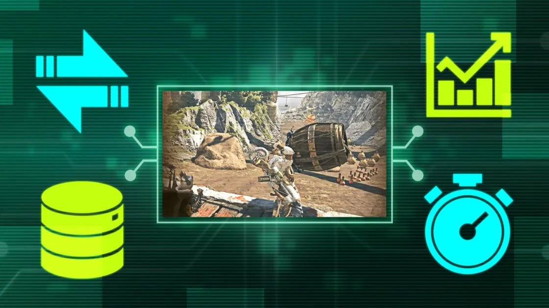 ゲームのキャラクターが樽を攻撃しているシーンとデータ処理のアイコン
