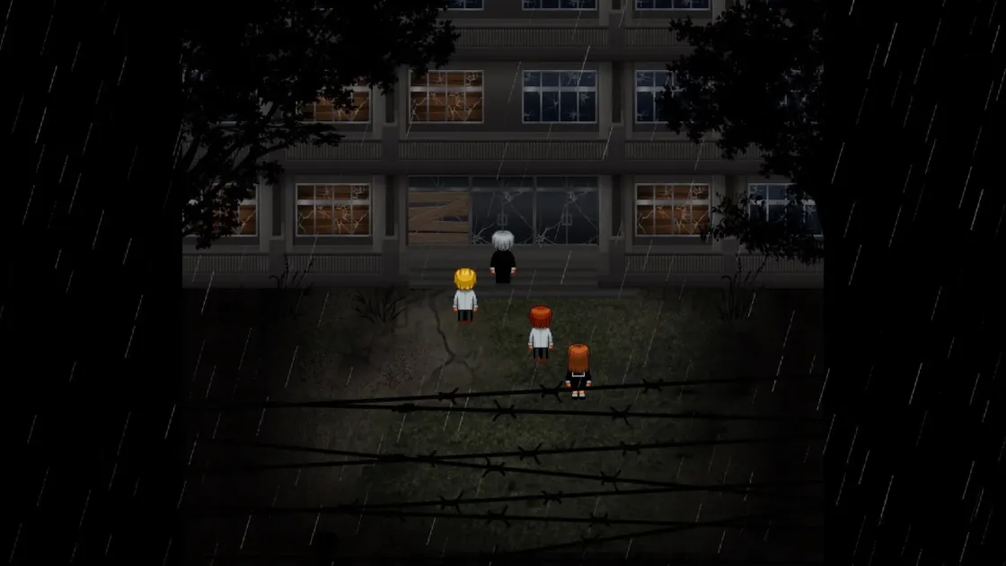 雨、夜、廃墟、学校、ピクセルアート、キャラクター、ホラー、不気味、有刺鉄線、RPGツクール、探索、謎