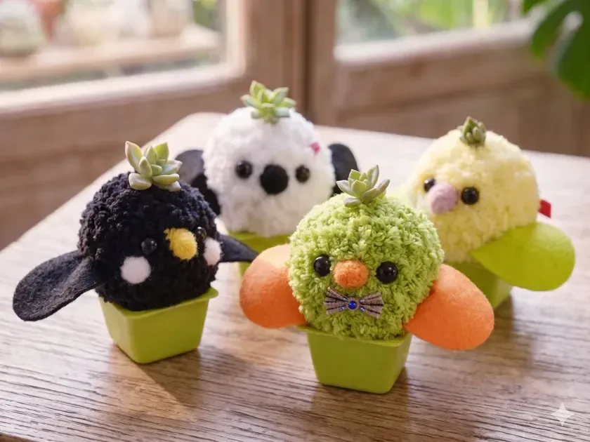 多肉植物を頭に乗せたカラフルな鳥のぬいぐるみ