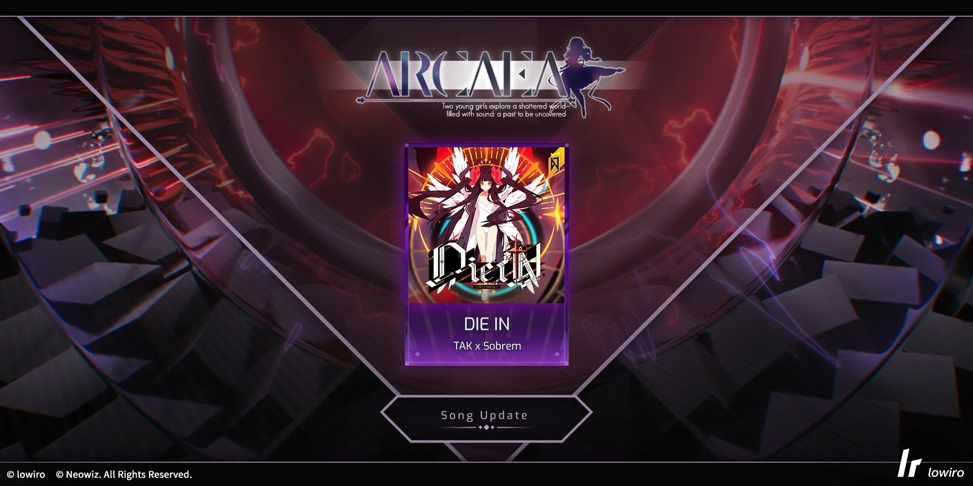 リズムゲーム「Arcaea」の楽曲アップデート画面。中央には「DIE IN」という新曲のアートワークが表示されており、翼と角を持つ女性キャラクターが描かれている。