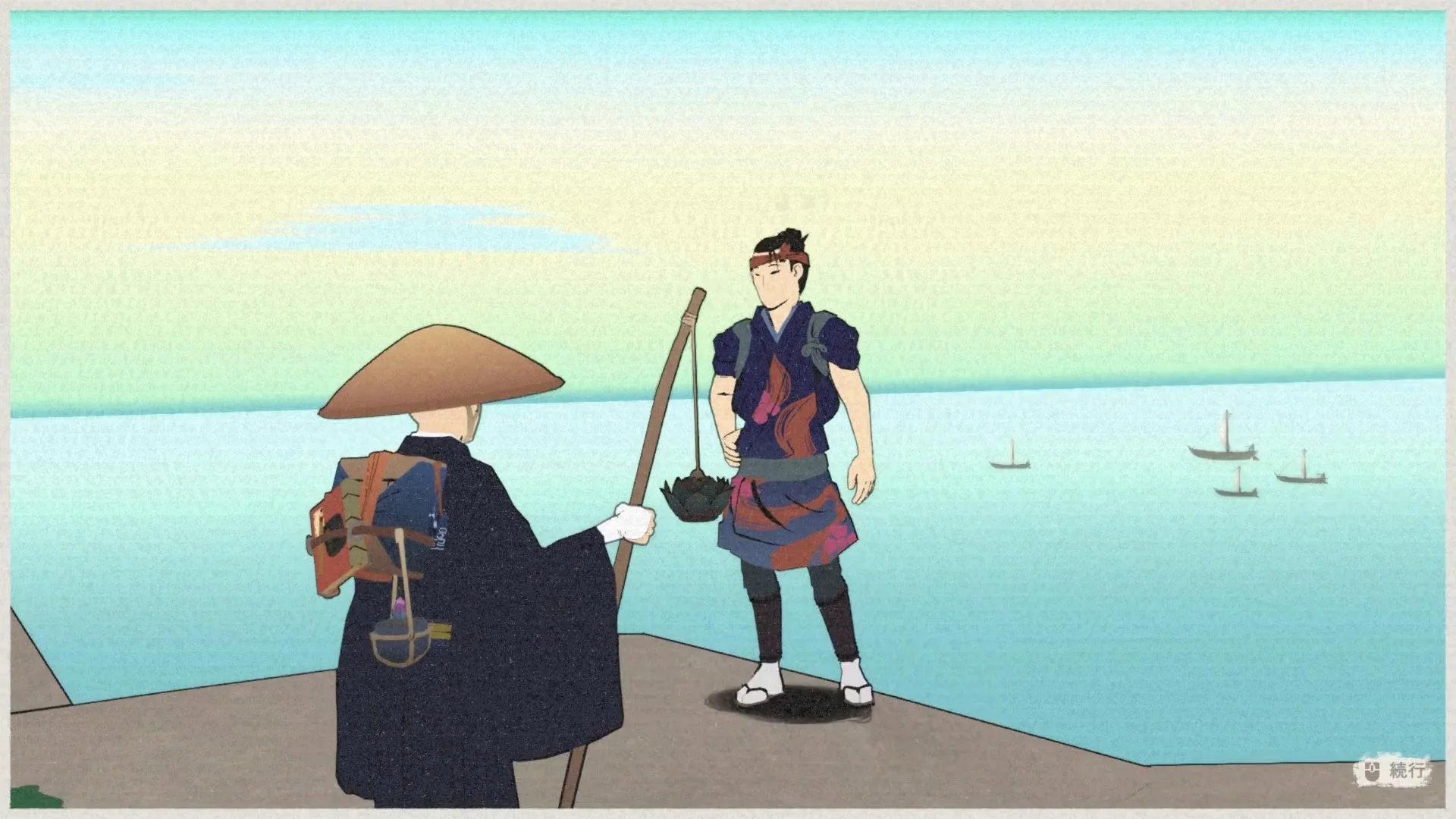 浮世絵風、僧侶と男性の交流