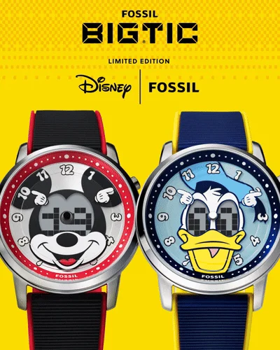 ミッキーマウスとドナルドダックがデザインされたFOSSILの限定腕時計