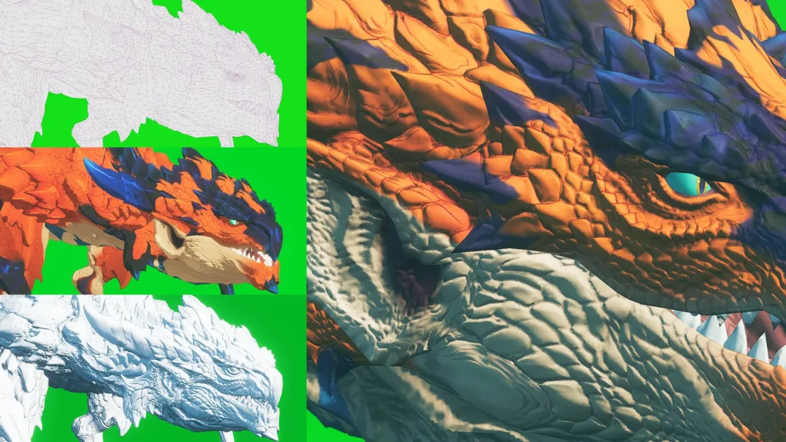 ドラゴンの3Dモデル制作過程を示す画像
