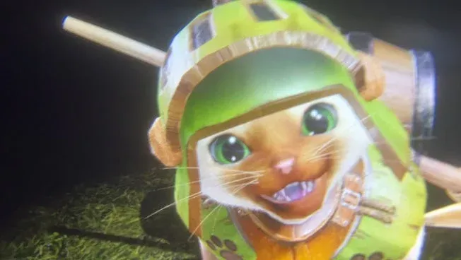 緑色のヘルメットと鎧を身につけたアイルー