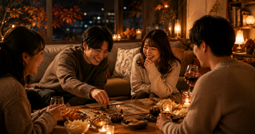 秋の夜に家族や友人とボードゲームを楽しむ様子