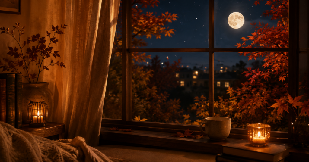 月と紅葉を眺めながら過ごす秋の夜の窓辺