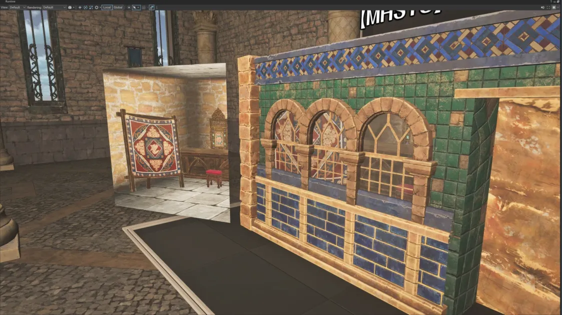 中東風の建築物や内装アセットが展示された3Dゲーム開発画面