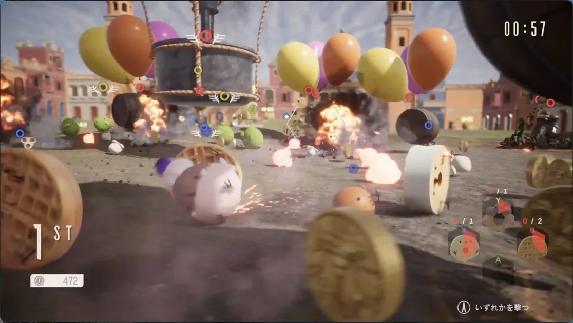ビデオゲーム,レースゲーム,アクション,爆発,キャラクター,風船,ワッフル,コイン,街並み,混乱,かわいい