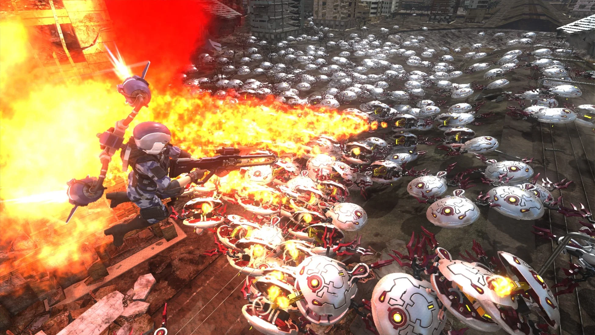 火炎放射器でロボットと戦う兵士
