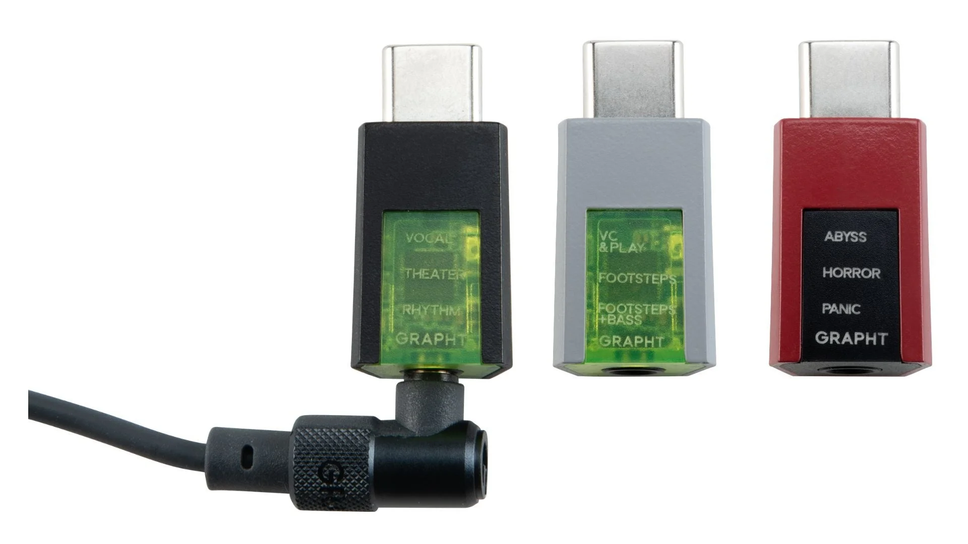 USB-Cコネクタを持つ3つのコンパクトなオーディオアダプター