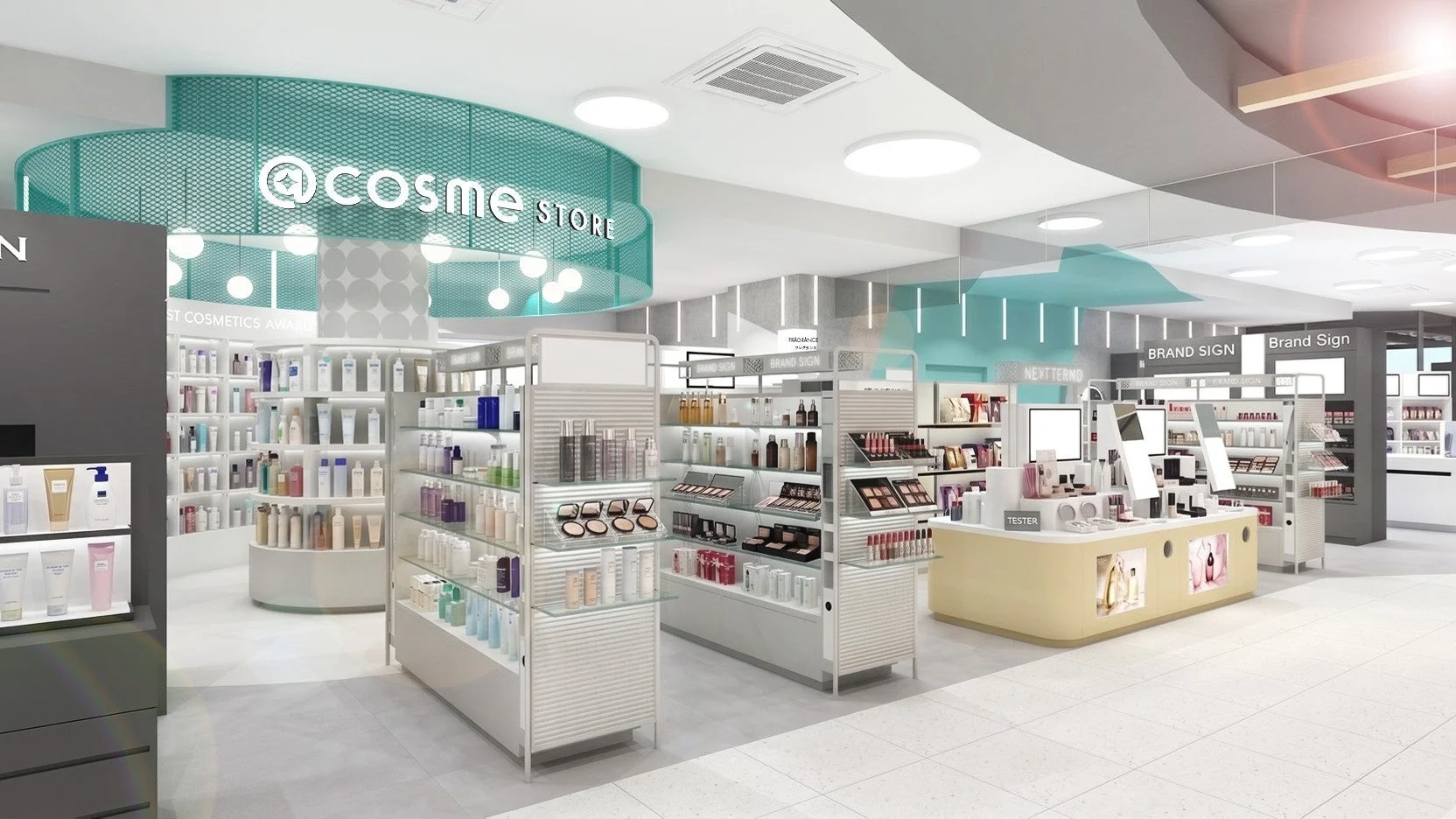@cosme STOREの明るい店内ディスプレイ