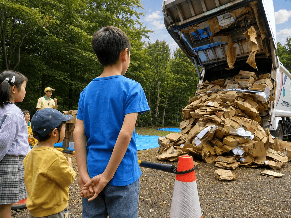 子どもたちが資源回収車から段ボールが排出される様子を見学しています。
