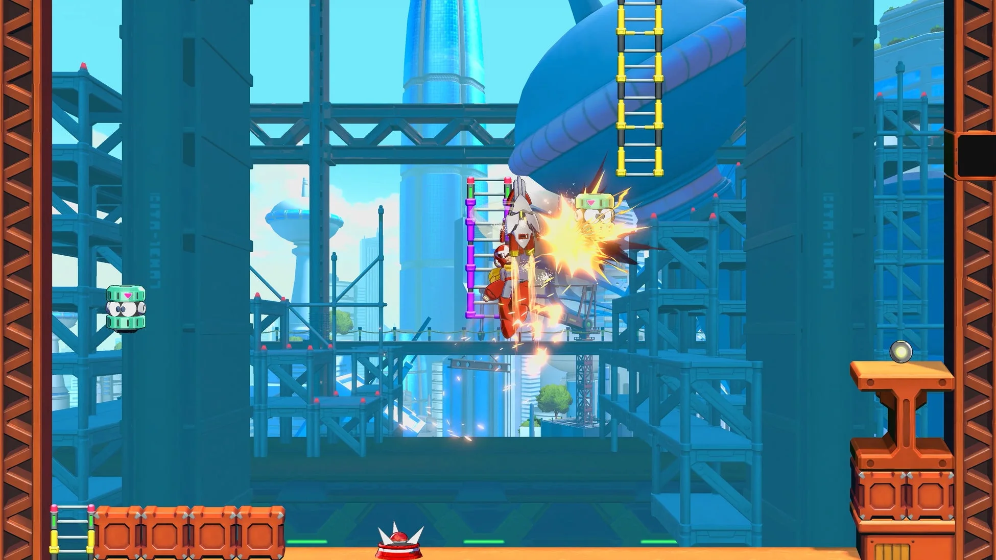 ロックマンが敵にエネルギー攻撃を仕掛ける様子